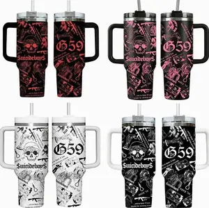 Collection SuicideboyS G59 Skull Aesthetic 40oz Tumbler With Handle, Underground Rap Merch Cup, Dark Trap Goth Style Travel Mug, Flasks Gift For Grey Five Nine Fan ,Muticolor Collage Design Stainless Steel Insulated Tumbler For Music Fans