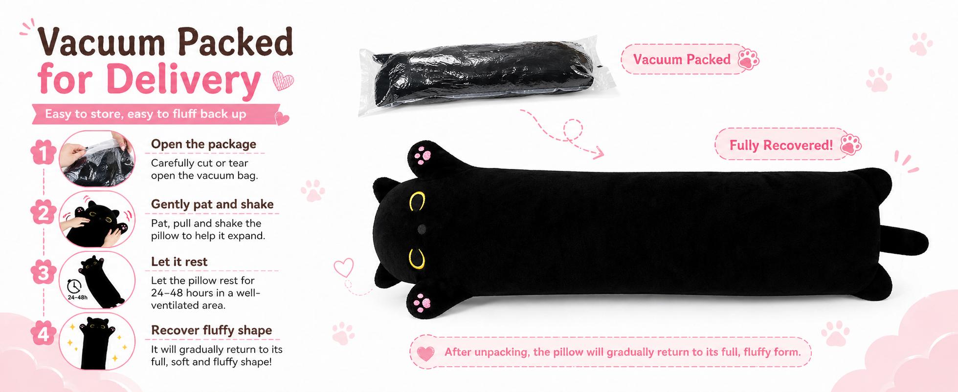 CHUBBYJOY Long Black Cat Plush Body Pillow, 20" 27" 35" 43" Soft Stuffed Cat Pillow with Raised Paws and Long Tail, Kawaii Cat Hugging Cushion for Kids Teens Adults