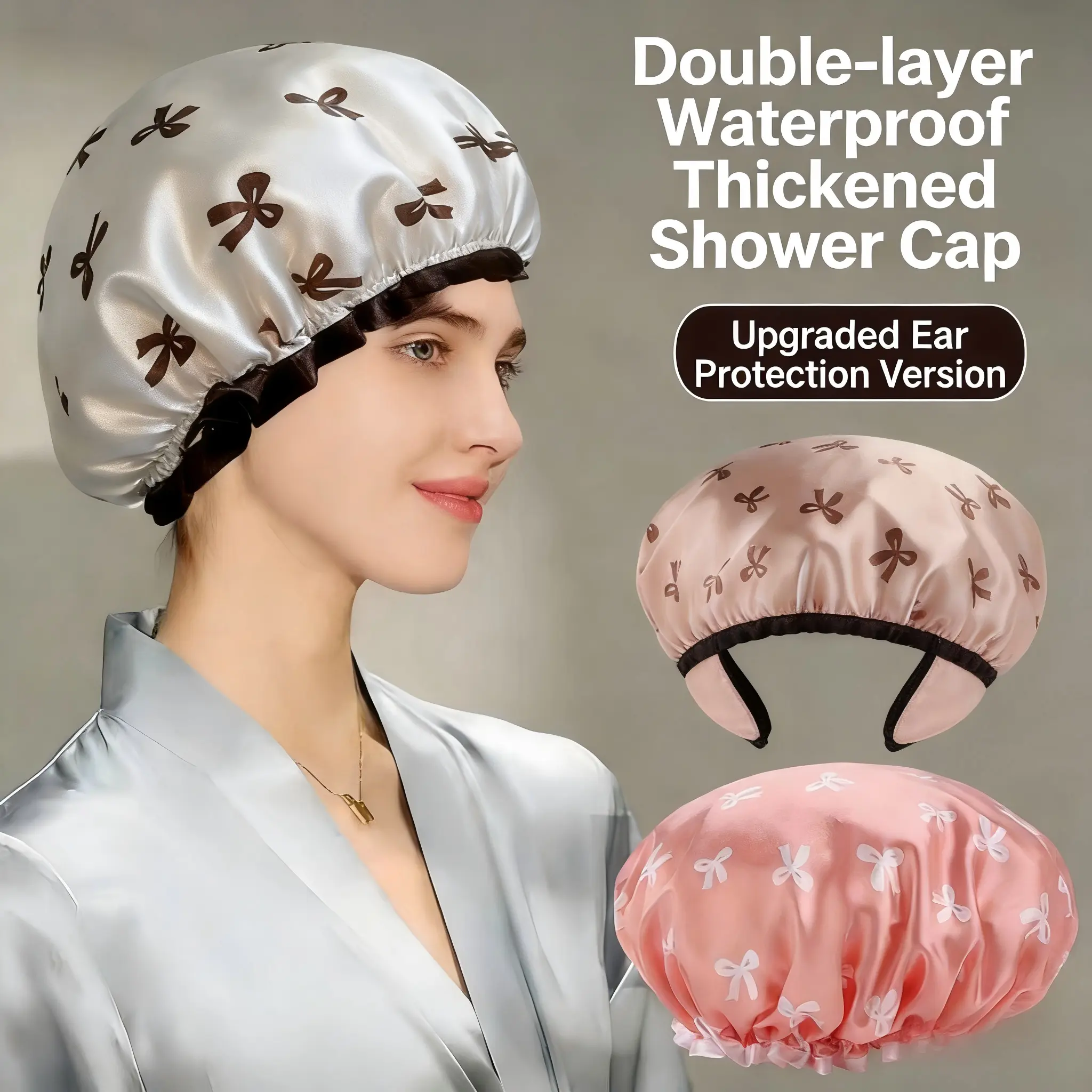 Women's Double-Layer Thick Ear Protection Shower Cap, Waterproof Shampoo Cap, PE Cover with Pouch, Adult Household Bathroom Accessory