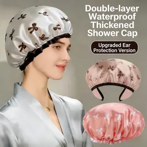 New Fashionable Waterproof Shower Cap For Women's Household Use Double-Layer Thick Ear Protection Shower Cap