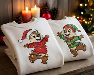 Chip And Dale Christmas Embroidered Sweatshirt, Matching Holiday Sweater, Cozy Xmas Lights Crewneck, Cotton Fabric