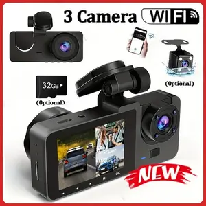 Triple-Lens Wi-Fi Enabled Dashcam, 1080P HD Car DVR Video Recorder with F2.0 Aperture, Night Vision, Wide Angle for Front and Rear Recording