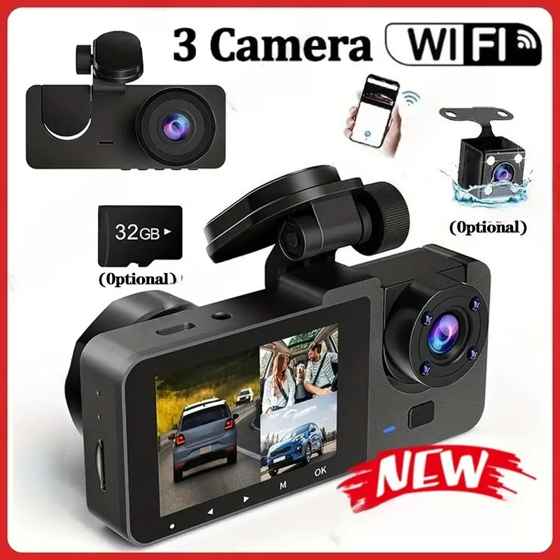 Triple-Lens Wi-Fi Enabled Dashcam, 1080P HD Car DVR Video Recorder with F2.0 Aperture, Night Vision, Wide Angle for Front and Rear Recording Wireless Dash Cam