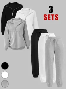 Women's Fashion Loose Fit Zipper Hoodie and Drawstring Sweatpants Set, Casual Long Sleeve for Fall & Winter, Elastic