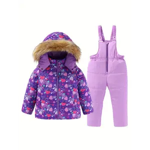 Little Girls Winter 2-Piece Ski Snowsuit Set Cozy Warm Hooded Padded Jacket And Suspender Overall Pants, Perfect for Outdoor