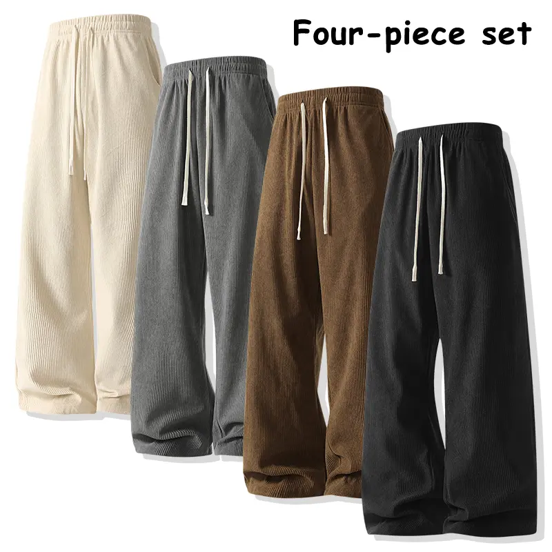 4-Pack Vintage Corduroy Baggy Pants for Men – Elastic High Waist, Drawstring, Loose Wide-Leg, Soft & Comfortable, Casual Street Style, Oversized Straight Cord Pants, Neutral Colors, Everyday Wear