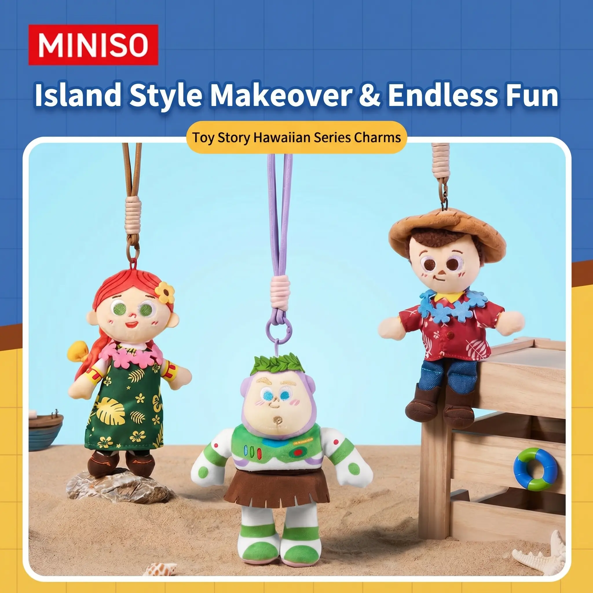 Disney Toy Story Hawaiian Vacation Series Keychain - Unisex Kawaii Accessories, Vibrant Island Colors Tropical Resort Wear Design, Flower Charm, Woody-Buzz Lightyear Pendant, Gift for Toy Story Fans, Summer Bag Charm