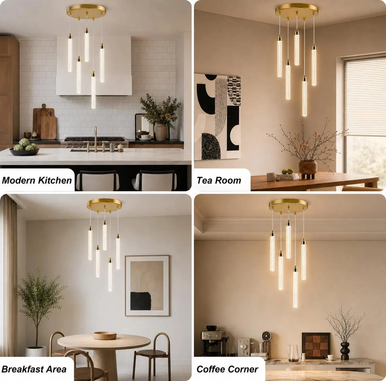 5-Light Gold Bubble Rod Chandelier, 3CCT 3000K/4500K/6000K Dimmable Pendant Light for Dining Room, Kitchen Island & Living Room