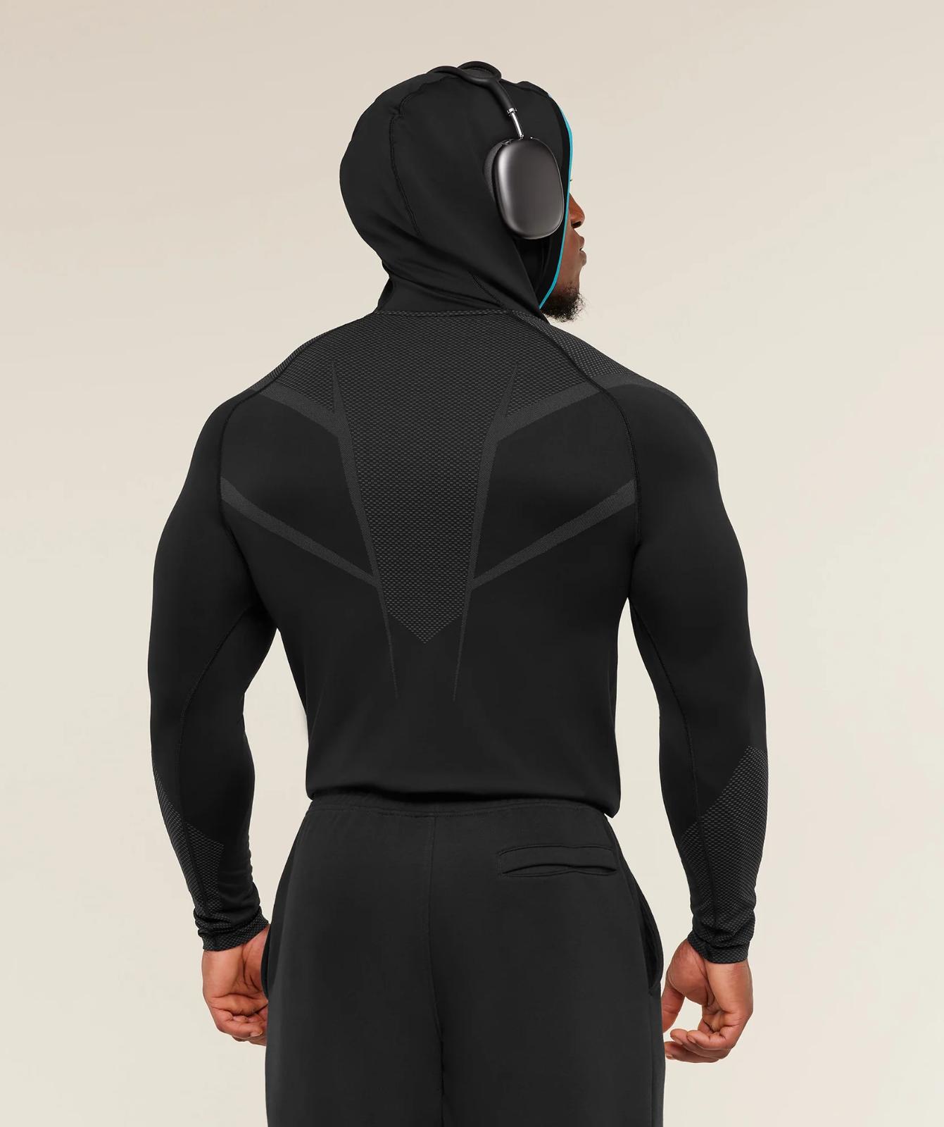 Onyx 5.0 Seamless Hoodie - Black/Blue Men's Fitted Athletic Hoodie for Workout