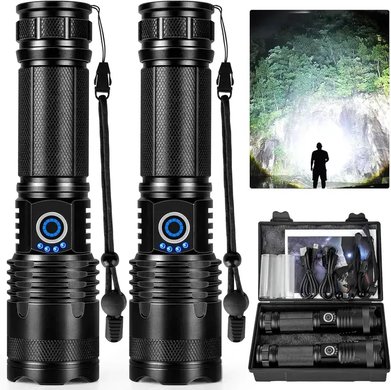 2 Pack Rechargeable Strong Flashlight, 1000000LumensHigh Brightness XHP50.2 LED 2 PackWater-Resistant, 5 Modes for Various LightingNeeds super strong usb rechargeable