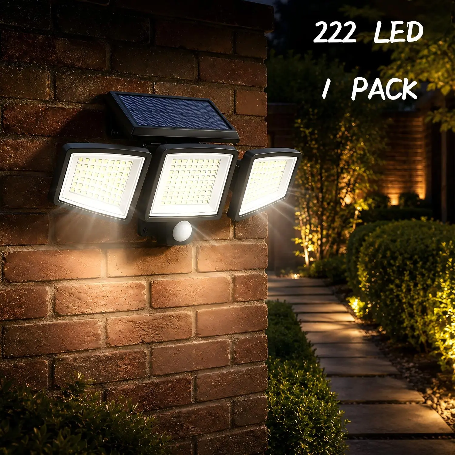 Solar Outdoor Motion Security Flood Light - 2500LM 222-LED 3-Head IP65 Rated Plastic Body Wall Light with Remote Control, 270° Wide Illumination, 3 Lighting Modes, Illuminates Area for Patio, Garage