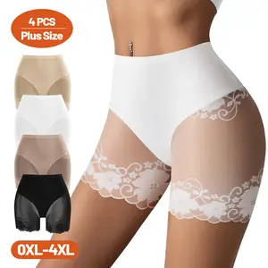 QUASTI 4-Piece Plus Size High-Waist Elegant Lace shaping Women's Boxer Panties, Buttock-Lifting, Mesh Lace at the Legs, Soft and Breathable, Elastic and Silky Womenswear, Super Comfortable Boxer Briefs underwear, Sizes 0XL-4XL