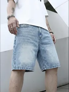 American Vintage Light Blue Denim Shorts, Casual Fitted Style, Drawstring Waist, Pockets, Short Length, Men's Fashion Pants, Aesthetic