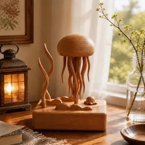 Handmade Wooden Mechanical Jellyfish Decor Silent Non-Music Creative Gift for Christmas Birthday Housewarming