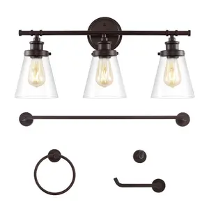 JONATHAN Y Hollis 23.75" 3-Light Traditional Farmhouse Vanity Light with Bathroom Hardware Accessory Set