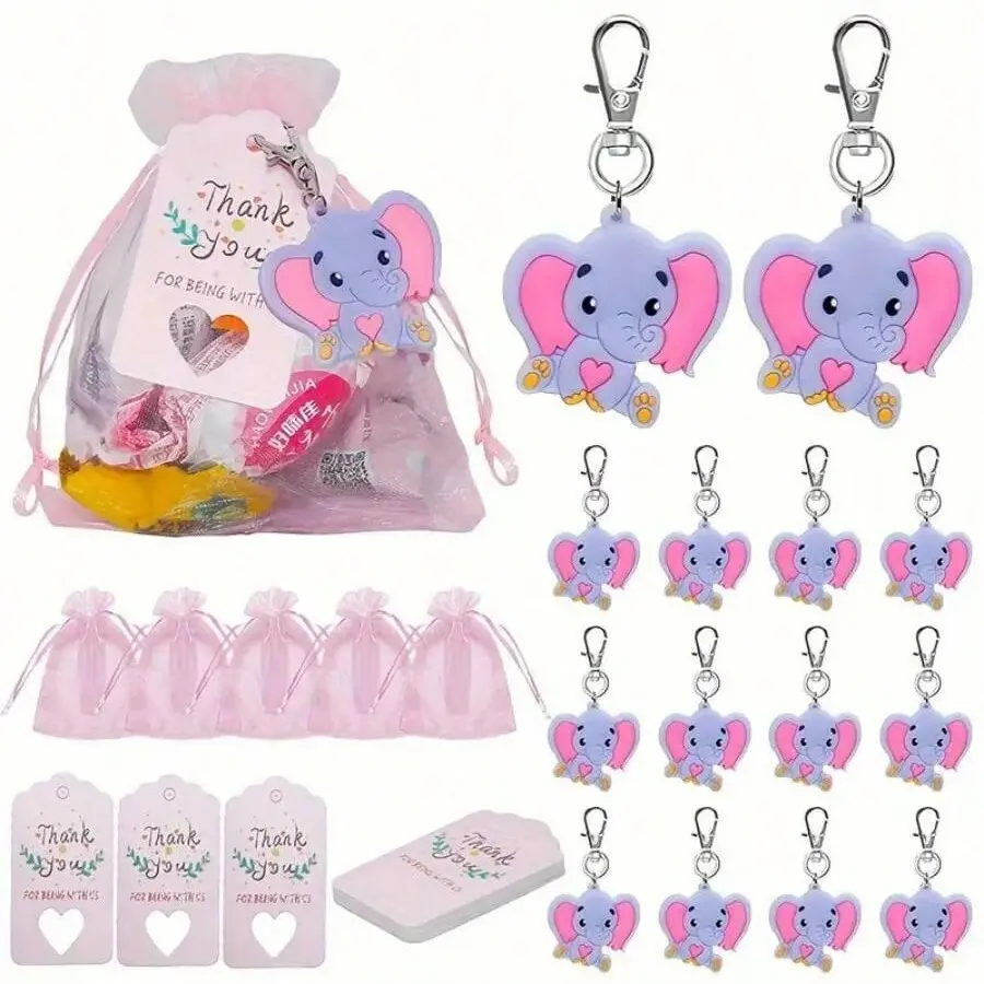 Cute Elephant Keychains Set of 30, Elegance Organza Bag & Thank-You Tag, Perfect for Gender Reveal Party Birthday Wedding Gifts, Cute Animal Keychain Accessory