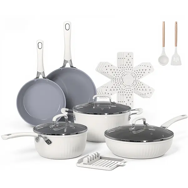 Stylish 15-Piece Nonstick Ribbed Ceramic Cookware Set - PFAS/PFOA/PTFE-Free, Non-Toxic, Silicone Stay-Cool Handles, Frying Pans, Saucepan, Induction-Safe, Oven & Dishwasher Safe Pots and Pans Set