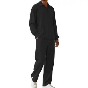 Men Polo Two Piece Set Solid Soft Fabric Long Sleeve Pullover Top Loose Straight Leg Pants Lounge Set Jogger Set Casual Daily Outfit Travel Walking Commute