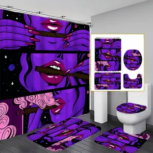1/3/4PCS Lip Cigar Shower Curtain Set, 71x71 Inches, Includes Background Pattern, Comes with 12 Hooks, 1/3/4pcs Bath Curtain
