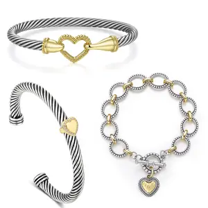 Aprilery Heart Connection Bracelet Set – Two-Tone Cable and Link Bangles Symbolizing Love and Harmony, Adjustable Elegant Stackable Jewelry for Women
