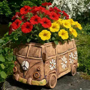 Spring Outdoor Decor Resin Flower Pot - Vintage Hippie Van Design for Plant Lovers, Indoor Use Available, Essential Garden Supplies, Planter Pots, Outdoor Planters