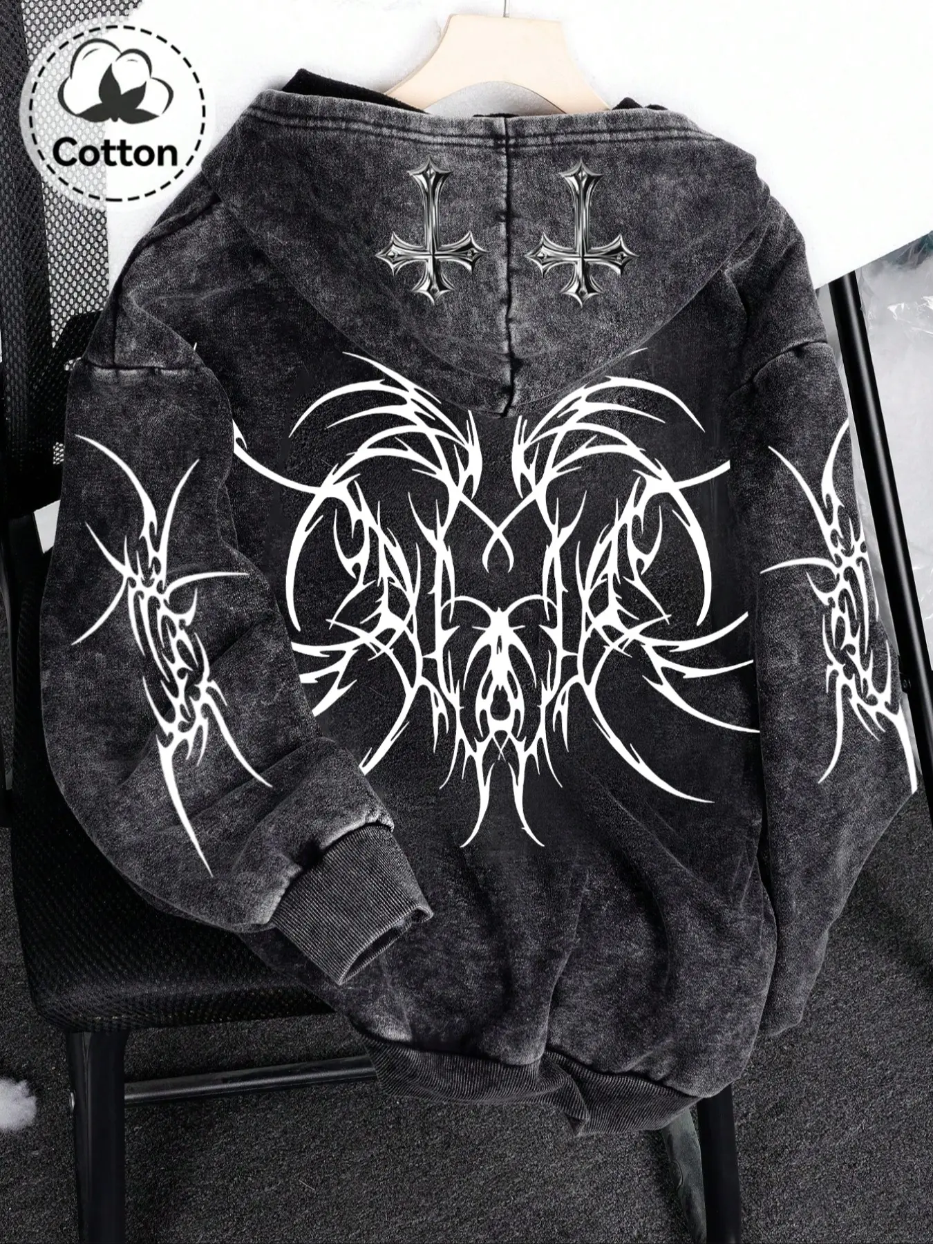 Y2K Rock Wash Full Zip Hoodie, Gothic Cross and Tribal Thorn 