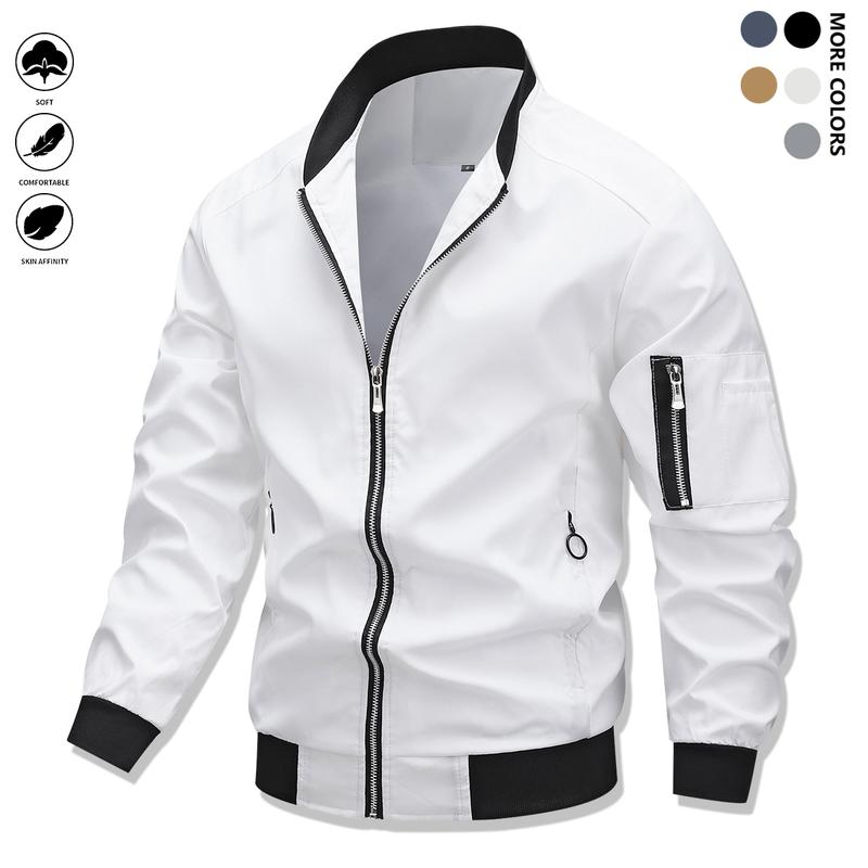 Men's lightweight casual jacket with sports slim fit zipper, stand collar, long sleeves, and zipper pockets, durable polyester fabric suitable for spring/autumn outdoor training, gym workouts, and casual wear, featuring a stylish minimalist design