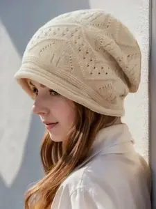 Autumn Winter Knitted Pile Striped Wool Hat, Warm Single Layer Fashion Cap, Stylish and Cozy Accessories for Cold Weather