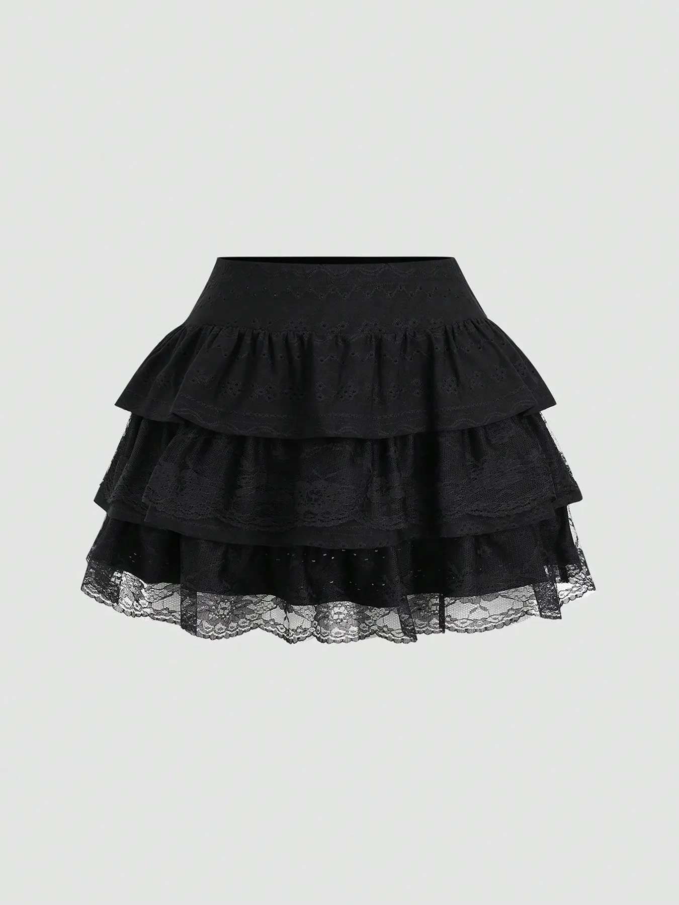 Women's Textured Fabric Contrast Lace Trim Slimming Fit Y2K A-Line Peplum Layered Cake Skirt, Versatile Fashion pleated skirts, Valentine, Fitted, Womenswear, Lady, Fashionable Skirt