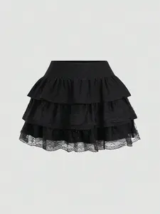 Women's Textured Fabric Contrast Lace Trim Slimming Fit Y2K A-Line Peplum Layered Cake Skirt，pleated skirts，Valentine