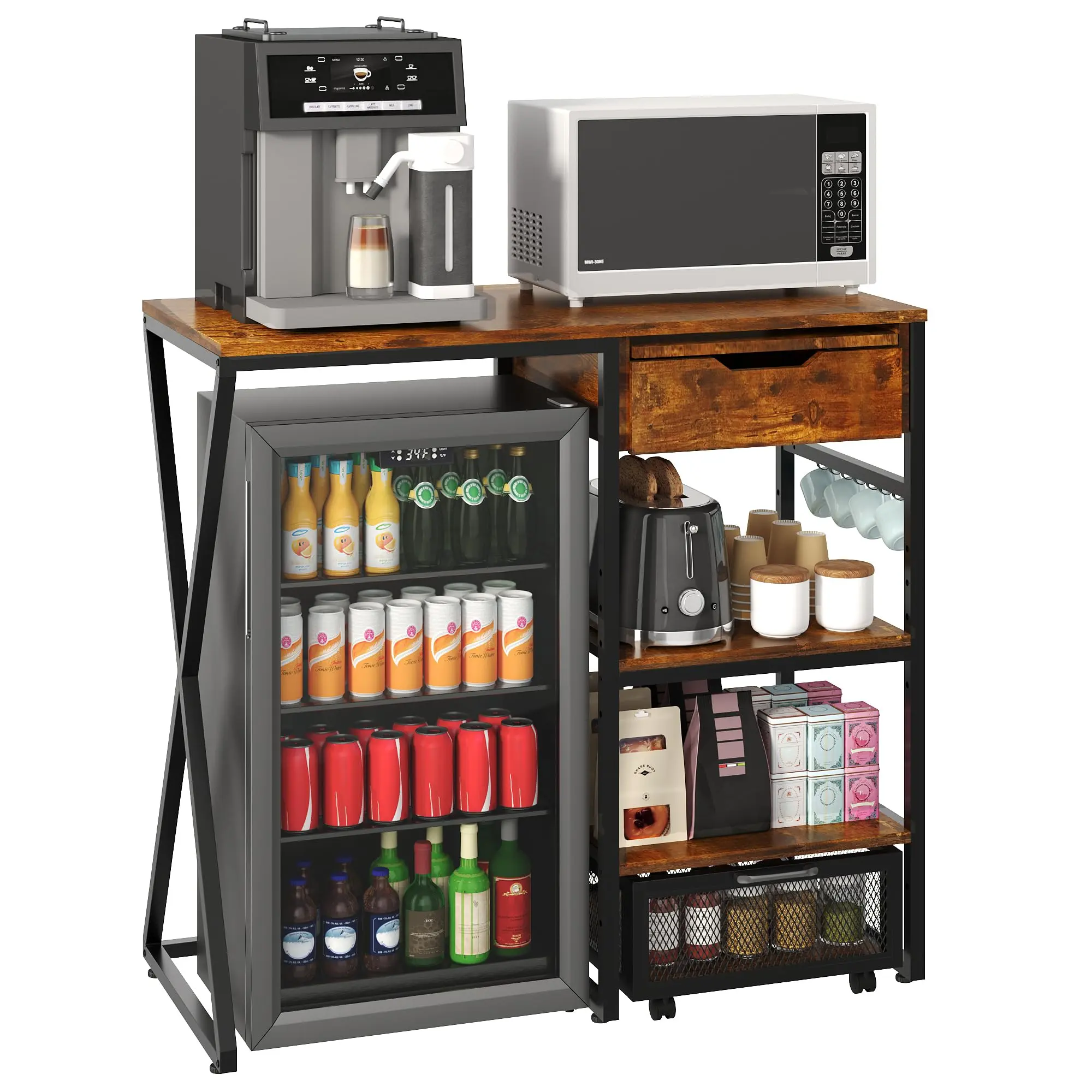 3-Tier Mini Fridge Stand with Storage Shelf – Microwave and Coffee Bar Organizer – Built-in Power Outlet, Basket, Pull-Out Work Platform – 160lbs Heavy Duty Kitchen Rack – Ideal for Dorm or Apartment, Brown