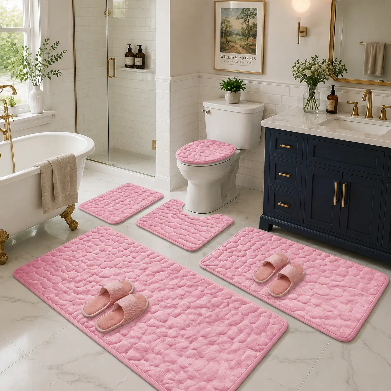 3-to-5-piece lightweight, quick-drying, and absorbent bathroom mat set—featuring non-slip rubber-backed mats and a U-shaped toilet mat. Made from soft, absorbent memory foam, these mats are suitable for shower areas and kitchens while also serving as a st