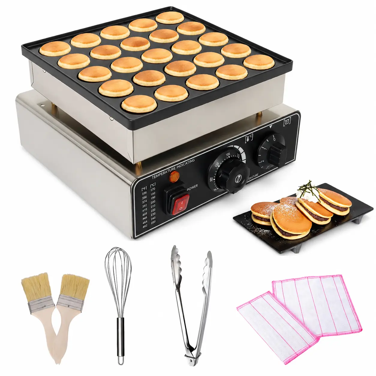 25-Hole Mini Pancake Maker, 900W 110V Stainless Steel Nonstick Poffertjes Baker with Dual Timer, Adjustable Temperature Control, 25pcs Baking Tools for Family, Dessert Shop, Outdoor Camping
