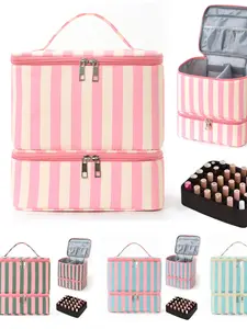 Double-Layer Plaid Storage Bag, Large Capacity Nail Polish Organizer, Fashionable Handheld Makeup Bag, Makeup Organizer Pouch, Casual Style, Travel Cosmetic Bag, All Seasons