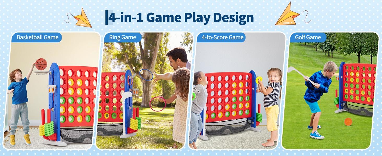 Giant 4 in a Row Game,Adjustable Height Board Jumbo 4-in-a-Row Game with Quick-Release Slider,Mini Basketball,Golf & Ring Toss Set for Family Party, Outdoor & Indoor