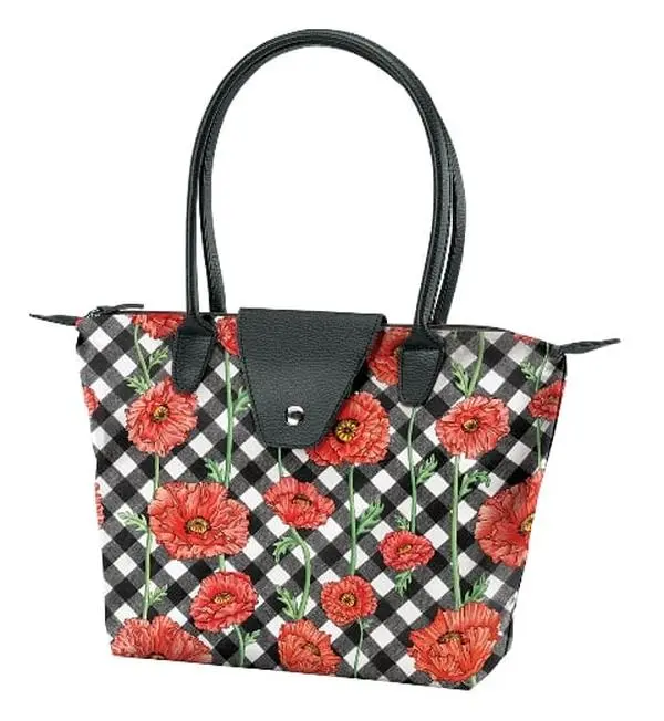 Small Foldable Tote Bag, Chic Poppy Print Purse with Gusseted Bottom, Zipper Closure & Rolled Leatherette Handles (2-Pack), Tote Bags, Casual Wear, Chic Look, 14.5 W X 10 H X 4.75 In Gusset, Travel, Lightweight Foldable Shopping Bags