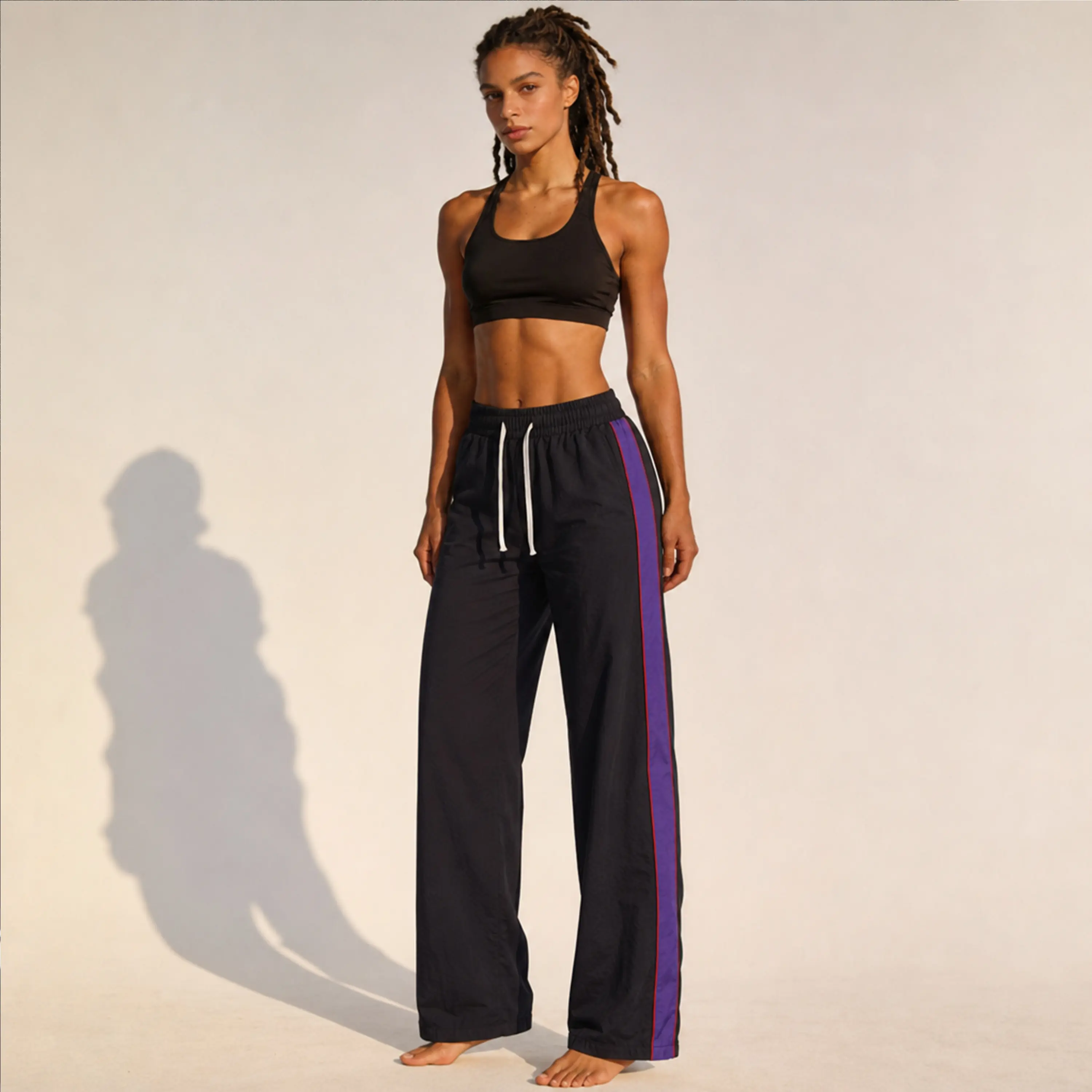 Women’s High-Waisted Side-Stripe Wide-Leg Track Pants - Nylon Windbreaker Trousers with Elastic Drawstring Waist, Loose Fit, Sporty Chic Style for Athletes, Pants For Athletes
