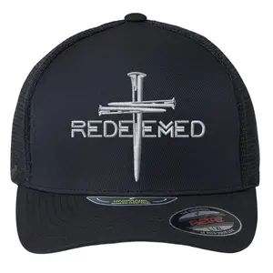 Redeemed By Jesus Christ Hat | 3 Nails Cross Embroidered Flexfit Trucker Cap | Christian Faith Hat | Religious Headwear | Inspirational Jesus Cap for Men & Women | Comfortable Unipanel Design
