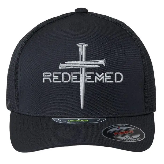 Redeemed By Jesus Christ Hat | 3 Nails Cross Embroidered Flexfit Trucker Cap | Christian Faith Hat | Religious Headwear | Inspirational Jesus Cap for Men & Women | Comfortable Unipanel Design