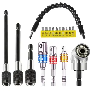 18 count Drill Bit Extension Set, Flexible Shaft & Hex Shank 105? Right Angle Drill Attachment, 1/4" Hex Bit Holder Extensions, 1/4 3/8 1/2" Socket Adapters,  Bit Kit for Tight Spaces