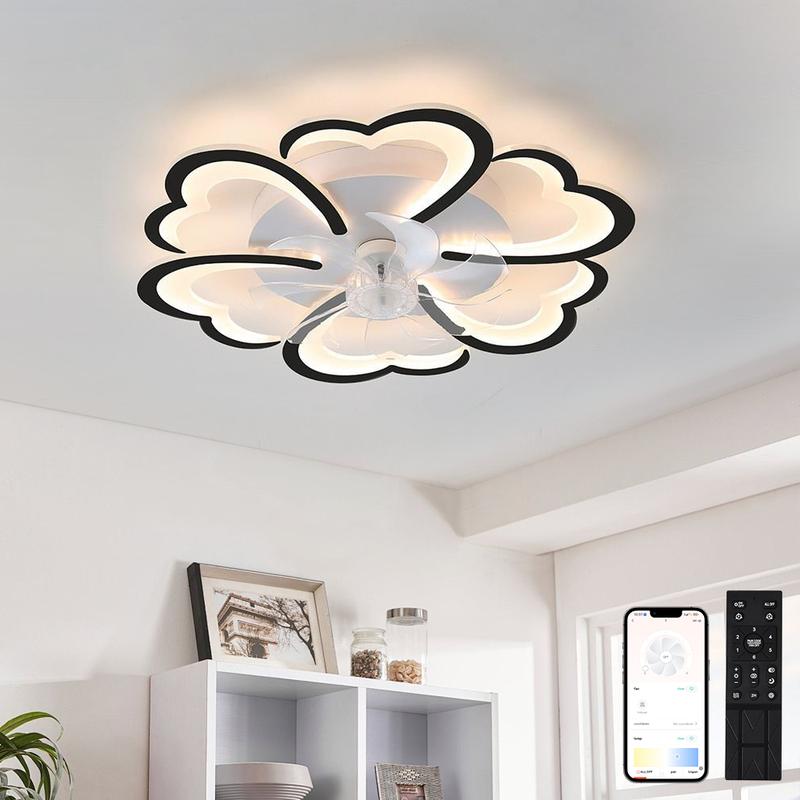 27" Smart Ceiling Fan with Lights and Remote, Modern Flush Mount Enclosed Low Profile Dimmable Indoor Ceiling Fan Light for Bedroom, Living Room, Kitchen, Kids Room, Patio - Black