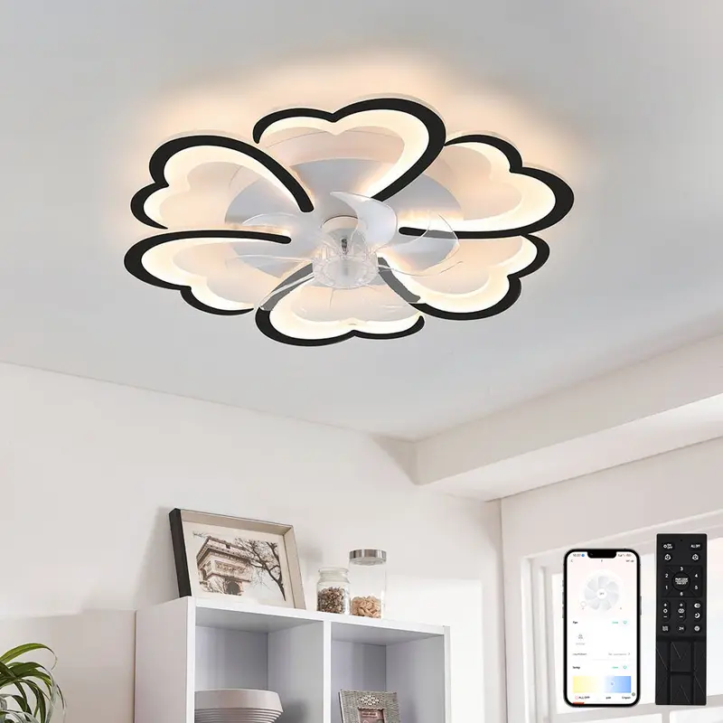 27" Smart Ceiling Fan with Lights and Remote, Modern Flush Mount Enclosed Low Profile Dimmable Indoor Ceiling Fan Light for Bedroom, Living Room, Kitchen, Kids Room, Patio - Black