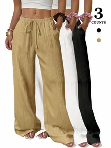 Women's Casual Aesthetic Solid Color Breathable Wide Leg Pants, Drawstring Adjustable Waist Design, Loose Straight Fit, Suitable for Spring & Fall, Bottom