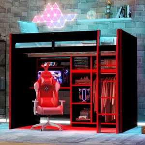 Full Size Gaming Loft Bed with Desk, Full Size Loft Bed with Open Wardrobe & Storage Compartments, Multi-Functional Beds Frame wiith RGB Lights for Teens & Adults, Red