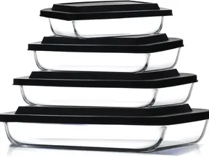 EATEX 8-Piece Deep Glass Casserole Dishes for Oven with Plastic Lids, Glass Baking Dishes for Oven, Rectangular Bakeware for Lasagna, Cooking, Leftovers, Kitchen, Freezer to Oven Dishwasher Safe