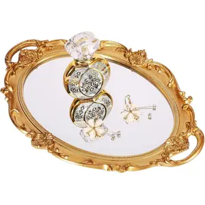 Polyresin Ellipse Antique Decorative Mirror Tray Makeup Jewelry Organizer Serving Tray 9.8x14.6 Inch Gold