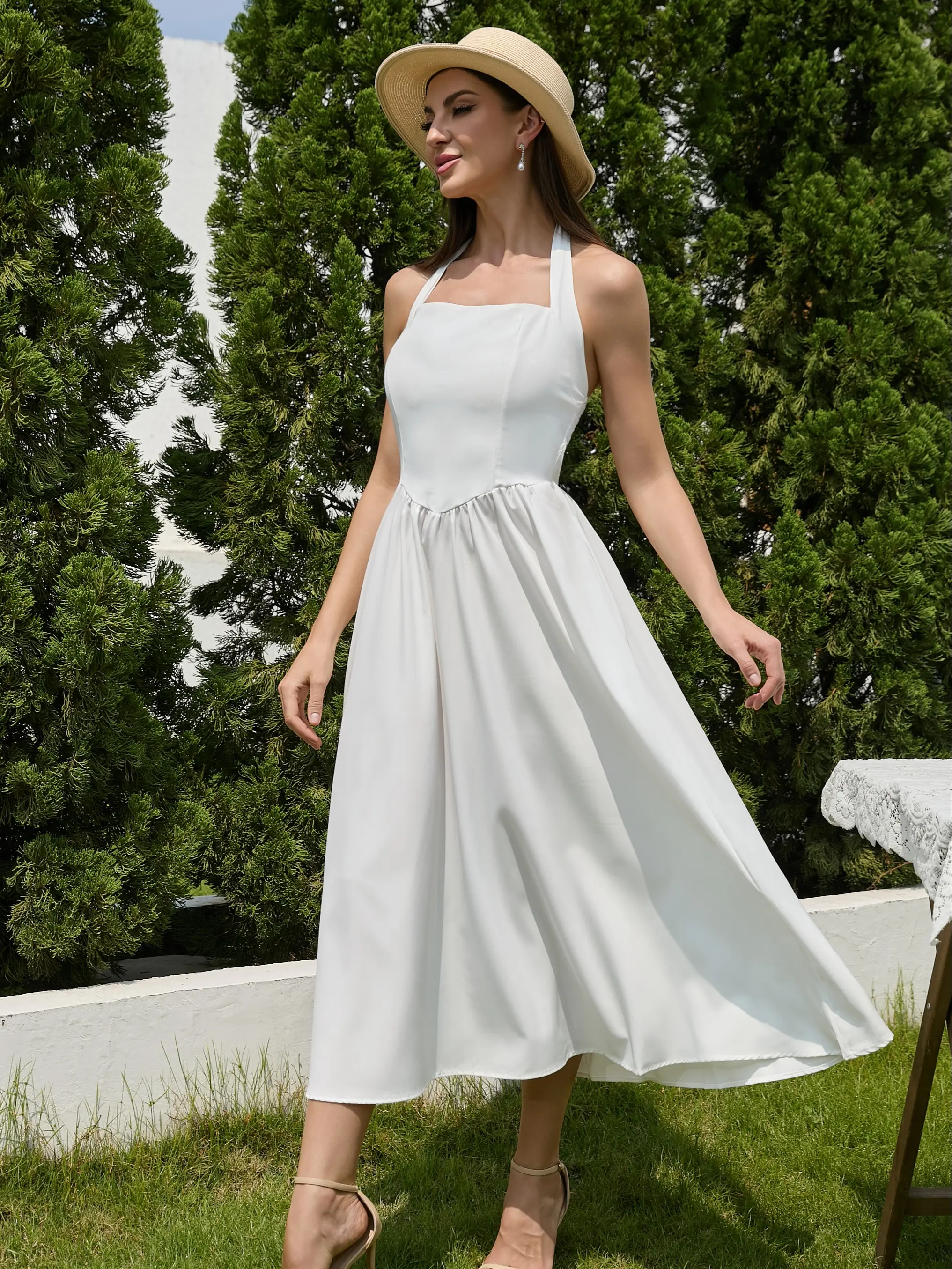 White Halter Neck Midi Dress for Women Elegant A-Line Square Neck  Sleeveless Flowy Dress for Bridal Shower Wedding Guest Bridesmaid  Graduation Summer Vacation Photoshoot Formal Minimalist - TikTok Shop