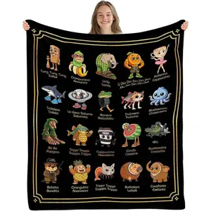 Italian Brainrot Flannel Blanket Tralalero Bombardiro Cappuccino Meme Designs Ultra Soft Plush Throw Featuring La Vaca Tung Tung Tung Themes Perfect For Fans Of Viral Italian Culture And Anime Style warm beautiful flannel