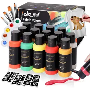 Colorful Permanent Fabric Paint, 14 Colors Soft Fabric Paint in Bottles (30ml/1oz) with Brushes, Palette, Non-Toxic Textile Paint for Creative DIY Clothes, T-Shirts, Shoes Art and Crafts