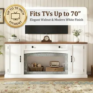 67 Inch Modern TV Stand for 70" TV – Walnut & White with Storage & Cable Management – Living Room TV Console